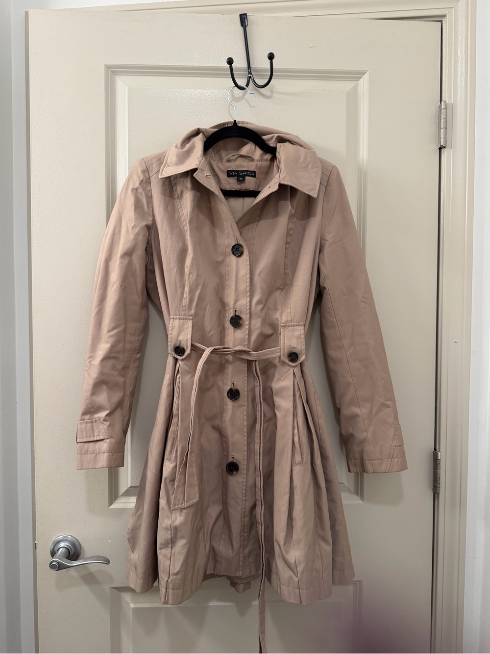 Via Spiga Tan Trench Coat with Belted Tie Waist and Removable Hood Size M